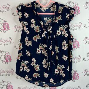 EAM blouse tie up ribbon tshirt ruffle sleeve detail flowers Navy Floral Blouse